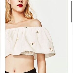 Zara Cream Embroidered Floral Off Shoulder Crop Top